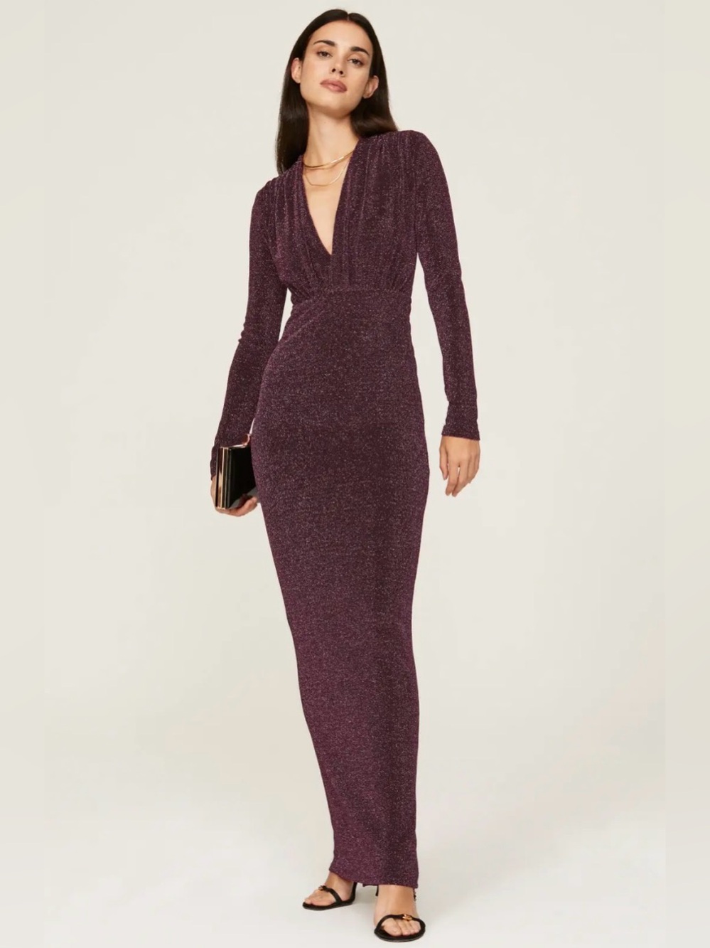 Line & Dot Sparkle Deep-V Maxi Dress in Plum